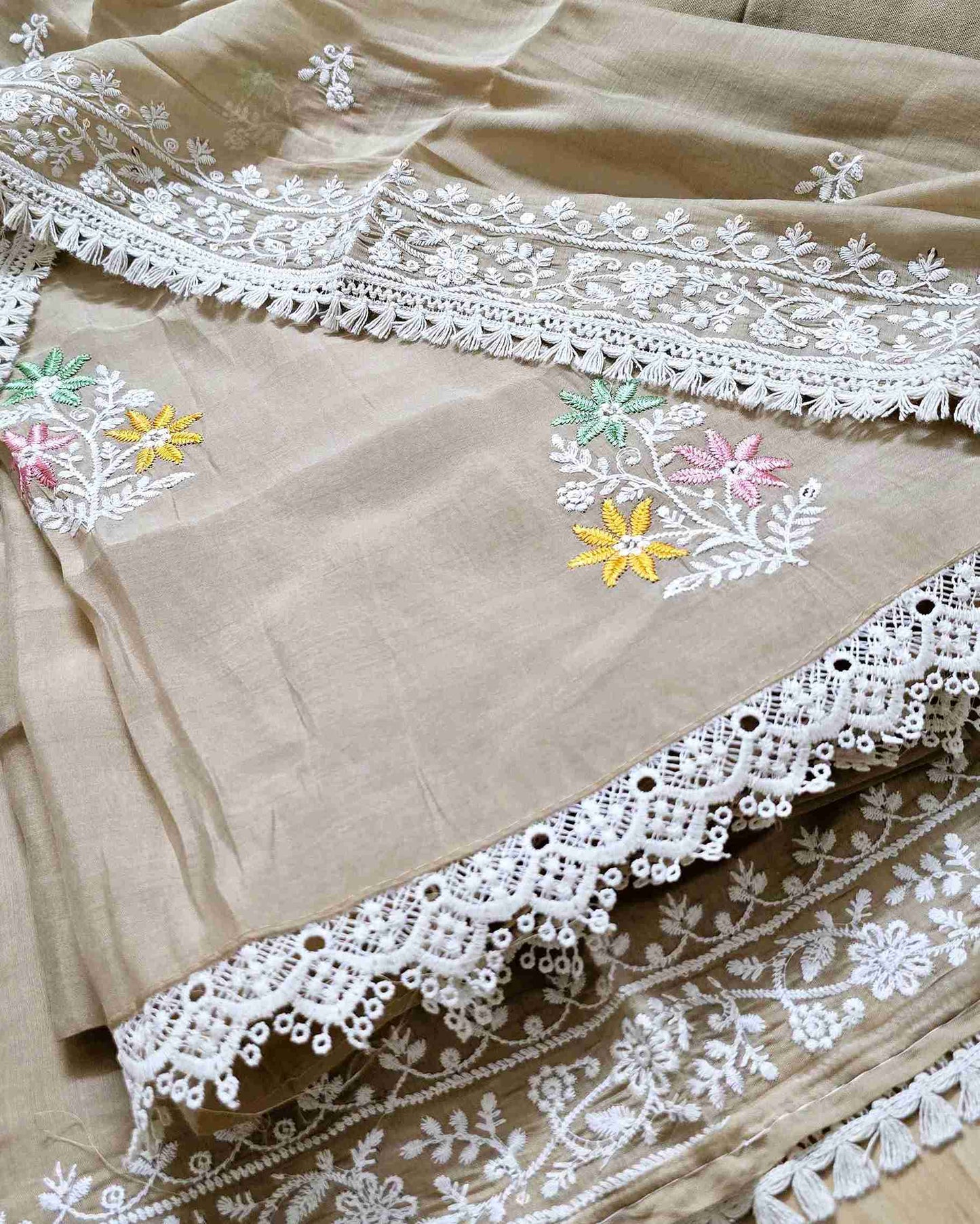 Taupe MalChanderi with White Threadwork Suit Set with Lace-Edged Dupatta