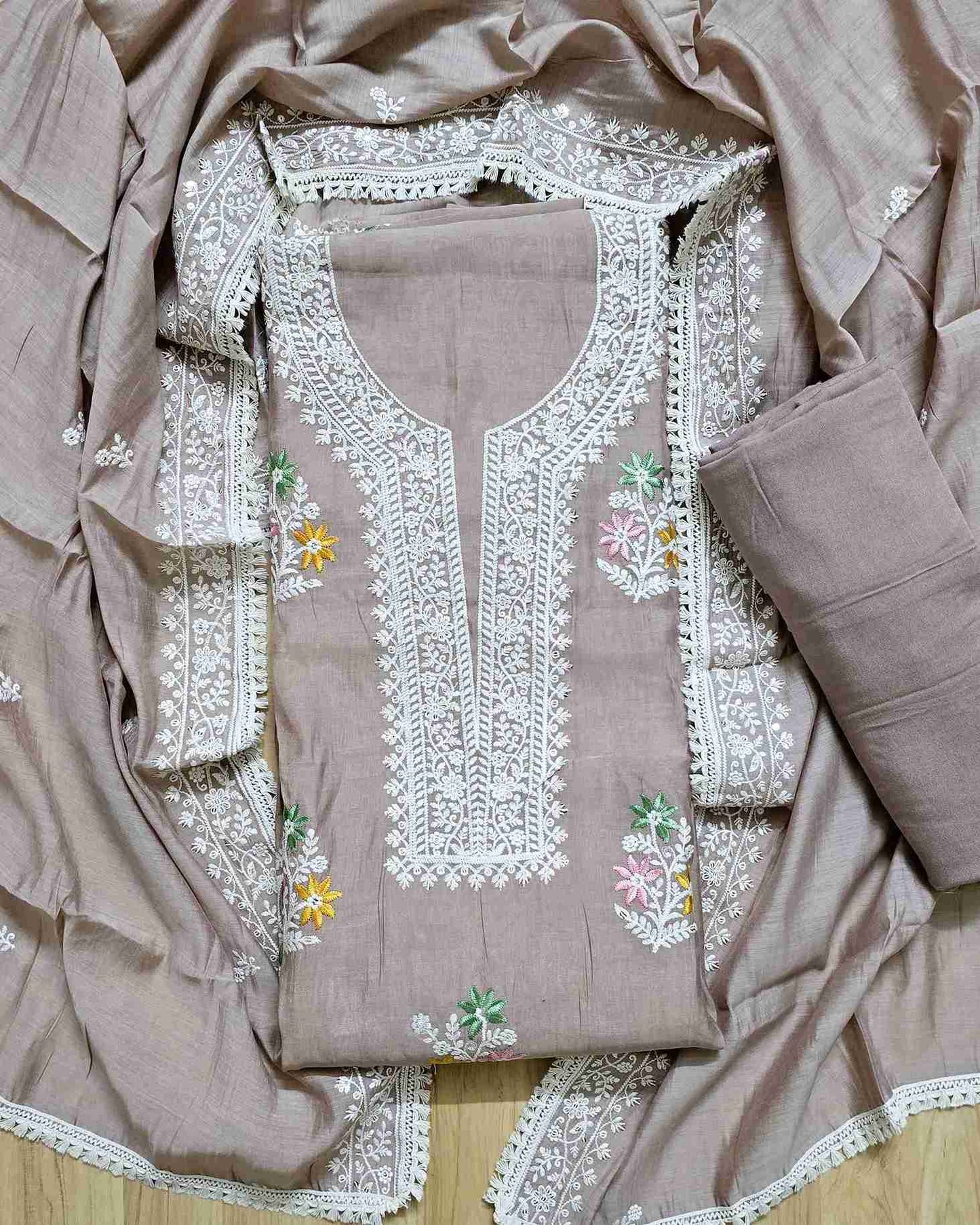 Dusty Mauve MalChanderi with White Threadwork Suit Set with Lace-Edged Dupatta