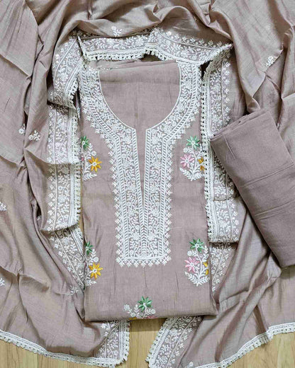 Dusty Mauve MalChanderi with White Threadwork Suit Set with Lace-Edged Dupatta