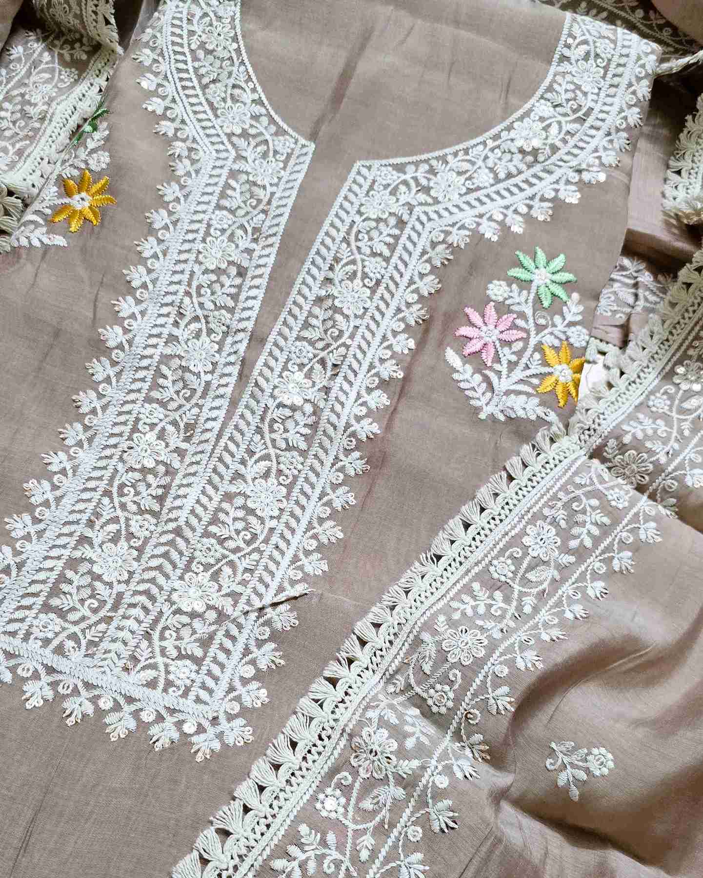 Dusty Mauve MalChanderi with White Threadwork Suit Set with Lace-Edged Dupatta