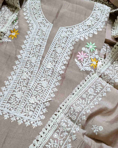 Dusty Mauve MalChanderi with White Threadwork Suit Set with Lace-Edged Dupatta