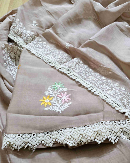 Dusty Mauve MalChanderi with White Threadwork Suit Set with Lace-Edged Dupatta