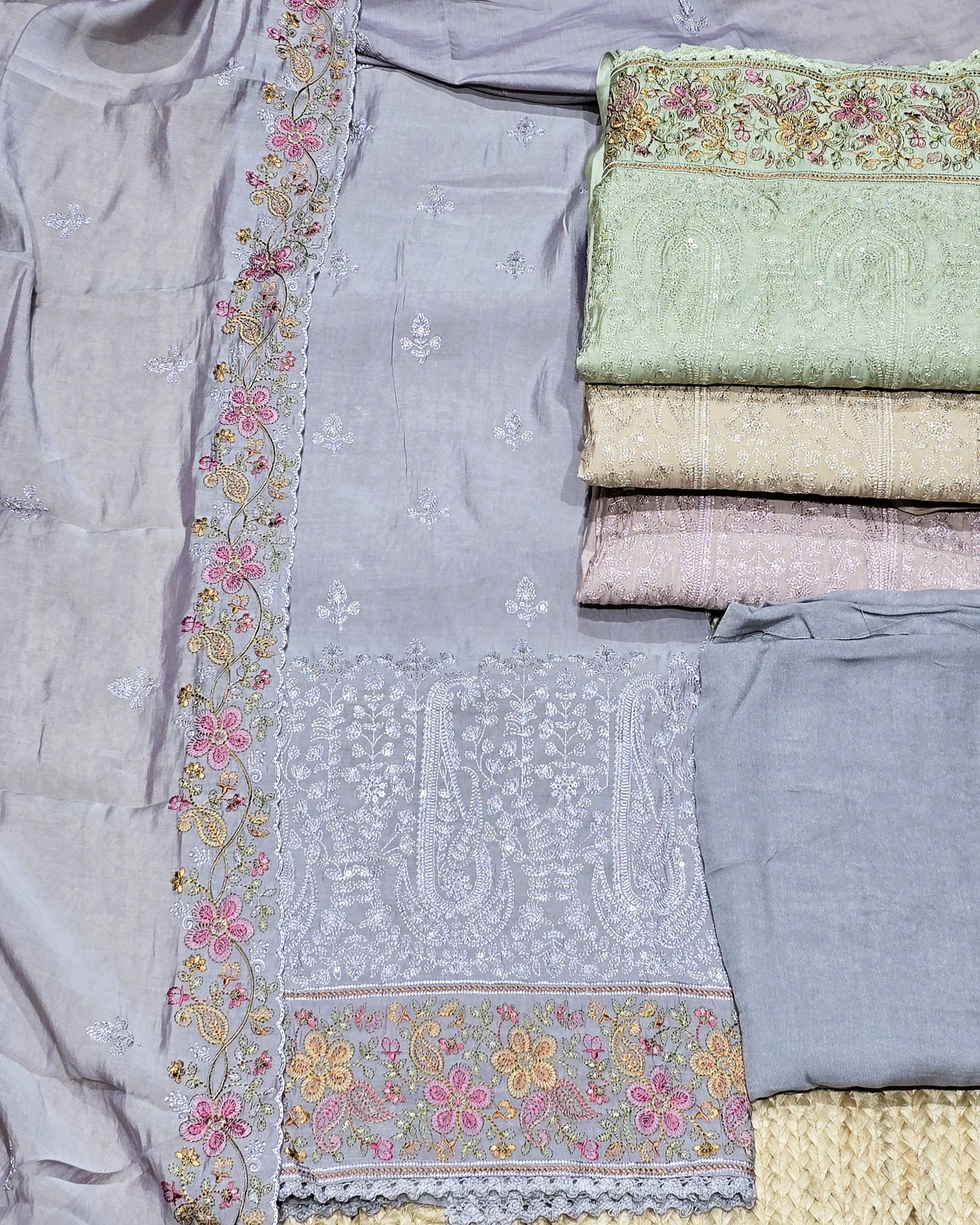 Premium Mal Chanderi Embroidered Suit Set with Intricately Embroidered Dupatta (Lavender)