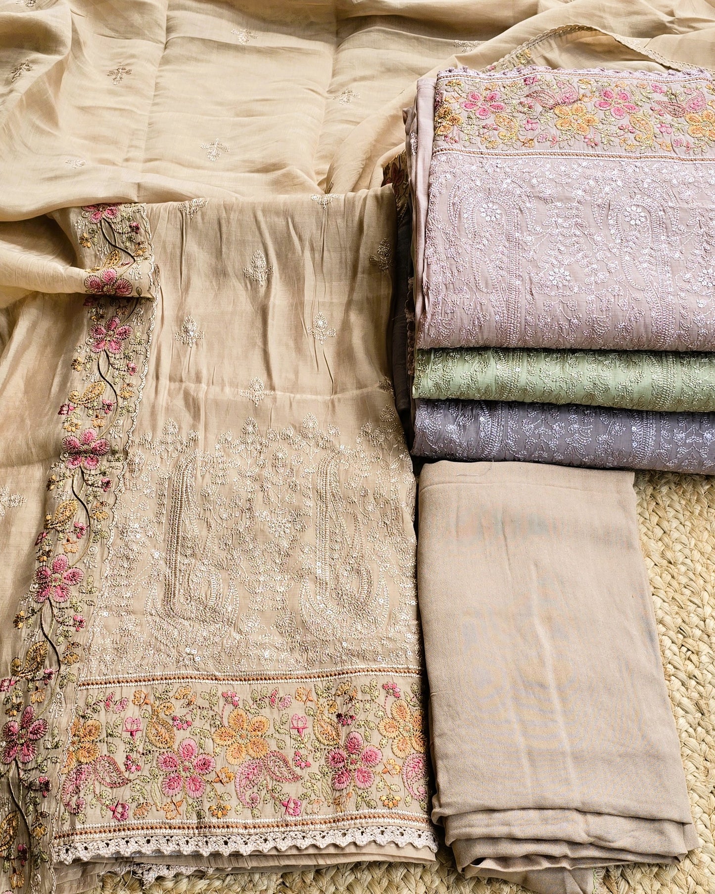 Premium Mal Chanderi Embroidered Suit Set with Intricately Embroidered Dupatta (Taupe)