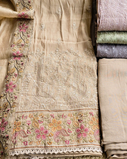 Premium Mal Chanderi Embroidered Suit Set with Intricately Embroidered Dupatta (Taupe)