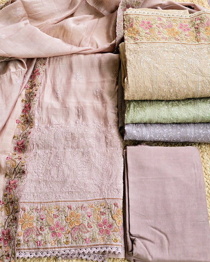 Premium Mal Chanderi Embroidered Suit Set with Intricately Embroidered Dupatta (Dusty Rose)