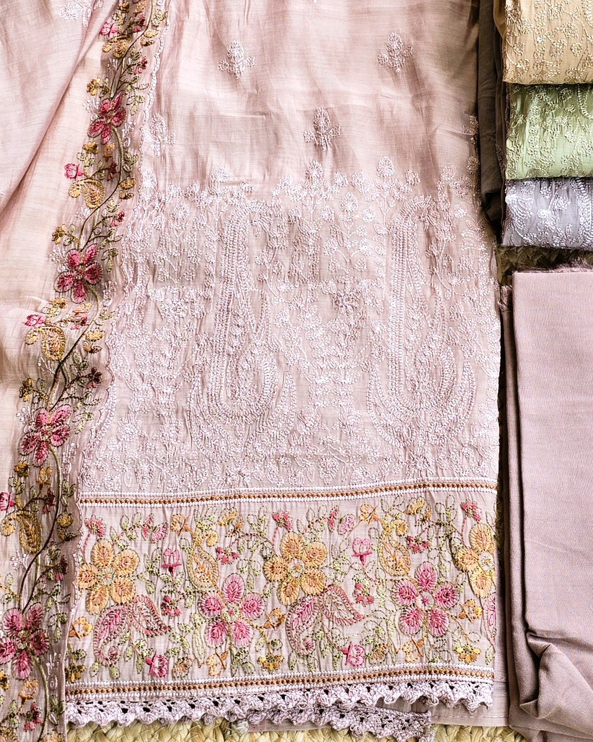 Premium Mal Chanderi Embroidered Suit Set with Intricately Embroidered Dupatta (Dusty Rose)