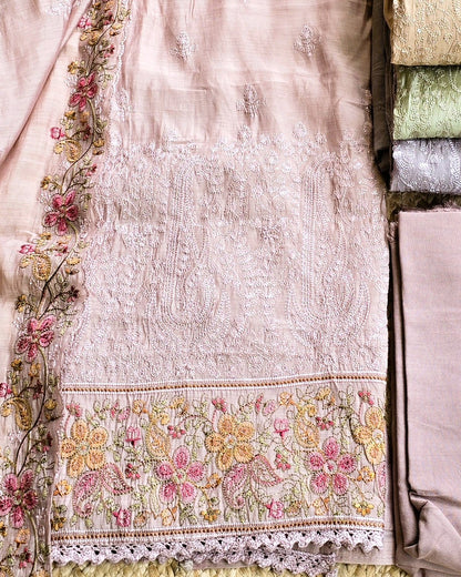 Premium Mal Chanderi Embroidered Suit Set with Intricately Embroidered Dupatta (Dusty Rose)