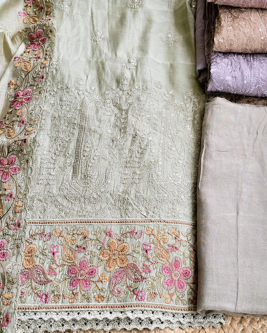 Premium Mal Chanderi Embroidered Suit Set with Intricately Embroidered Dupatta (Mehndi Green)