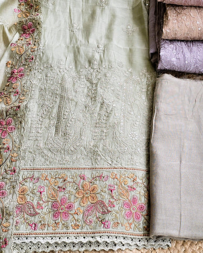 Premium Mal Chanderi Embroidered Suit Set with Intricately Embroidered Dupatta (Mehndi Green)