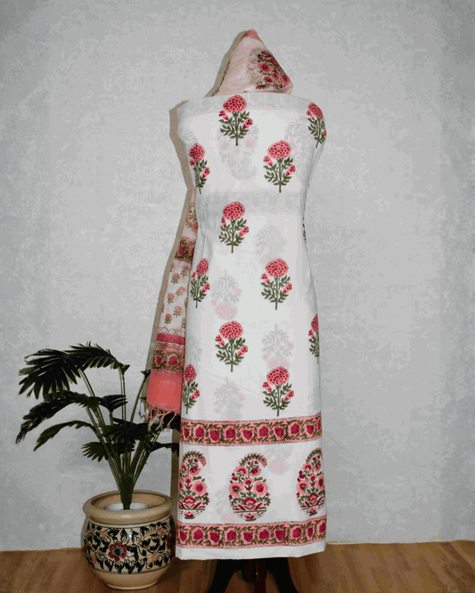 Hand Block Printed Premium Cotton Unstitched Suit with Red Floral Buta & Chanderi Silk Dupatta - Curated Edit (EHCH0001)