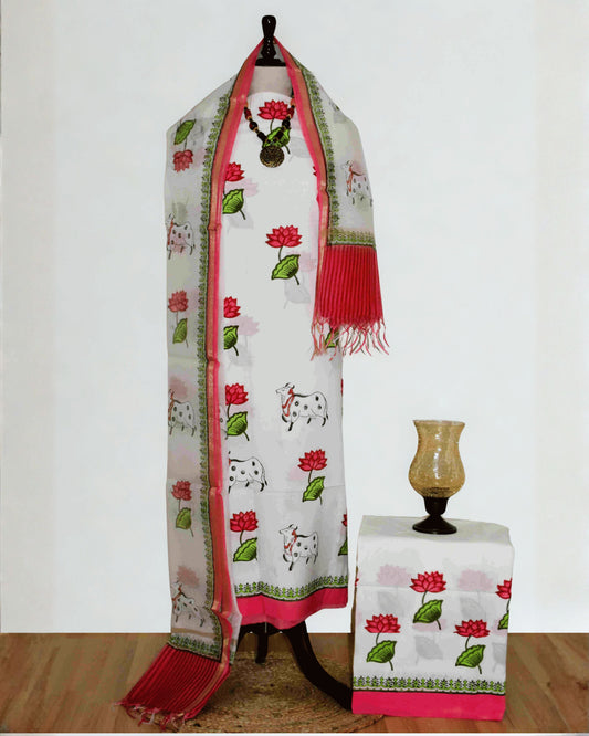 Hand Block Printed Premium Cotton Unstitched Suit with Pichwai Print & Chanderi Silk Dupatta - Curated Edit (EHCH0002)