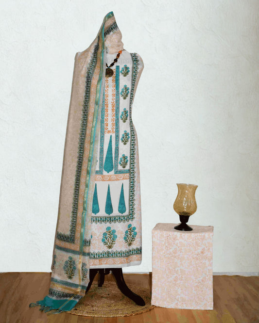 Hand Block Printed Premium Cotton Unstitched Suit with Sky Blue Floral Buta & Chanderi Silk Dupatta - Curated Edit (EHCH0003)