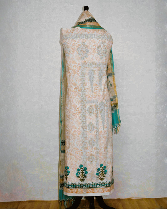 Hand Block Printed Premium Cotton Unstitched Suit with Sky Blue Floral Buta & Chanderi Silk Dupatta - Curated Edit (EHCH0003)