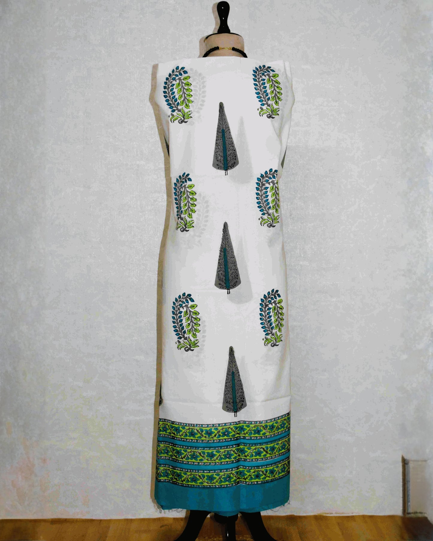 Hand Block Printed Premium Cotton Unstitched Suit with Sea Blue Floral Buta & Chanderi Silk Dupatta - Curated Edit (EHCH0004)