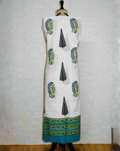 Hand Block Printed Premium Cotton Unstitched Suit with Sea Blue Floral Buta & Chanderi Silk Dupatta - Curated Edit (EHCH0004)