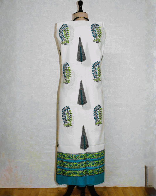 Hand Block Printed Premium Cotton Unstitched Suit with Sea Blue Floral Buta & Chanderi Silk Dupatta - Curated Edit (EHCH0004)