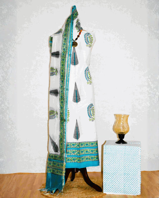 Hand Block Printed Premium Cotton Unstitched Suit with Sea Blue Floral Buta & Chanderi Silk Dupatta - Curated Edit (EHCH0004)