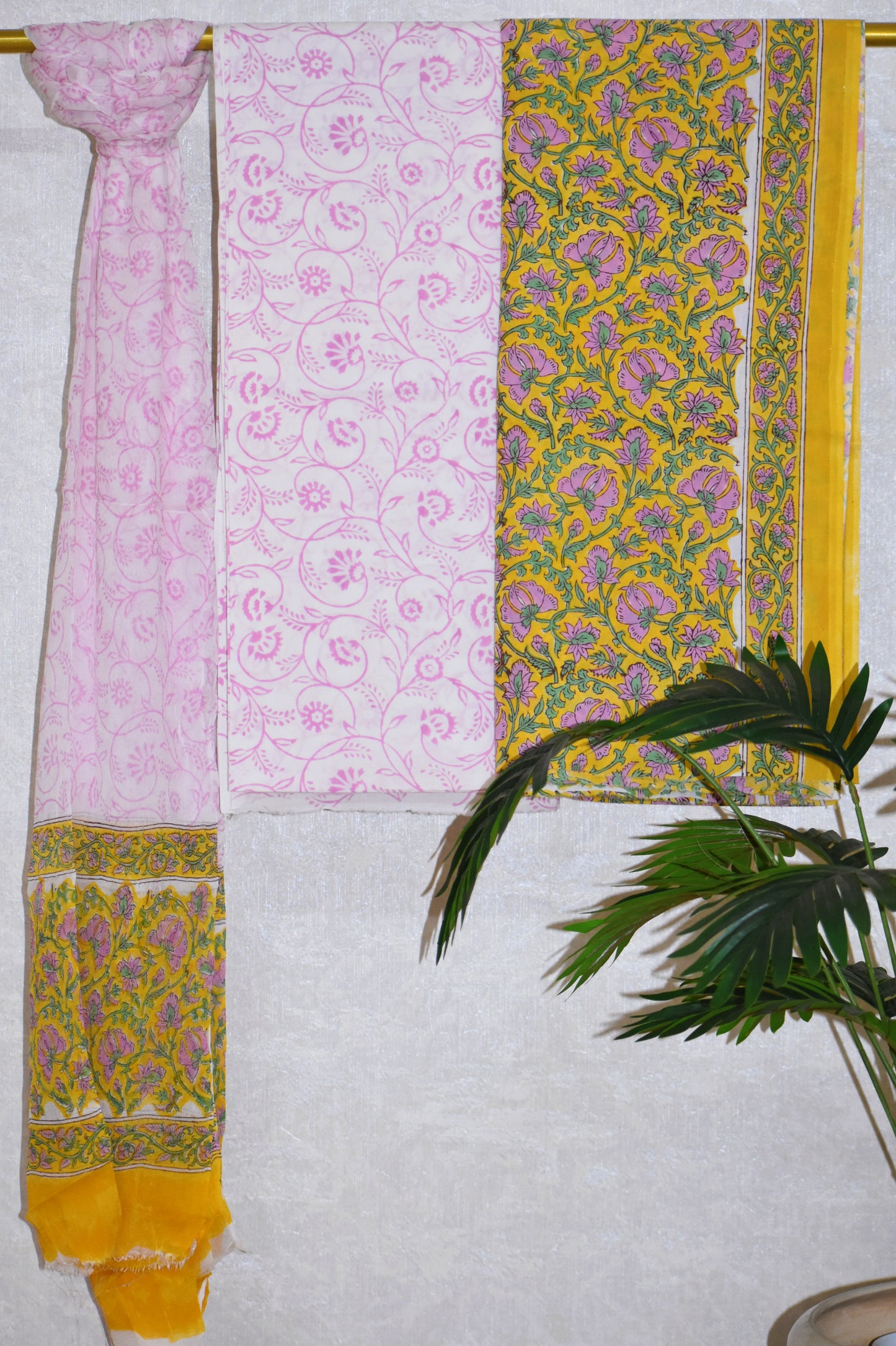 Pink FLoral Hand Block Printed Cotton Suit With Pure Chiffon Dupatta