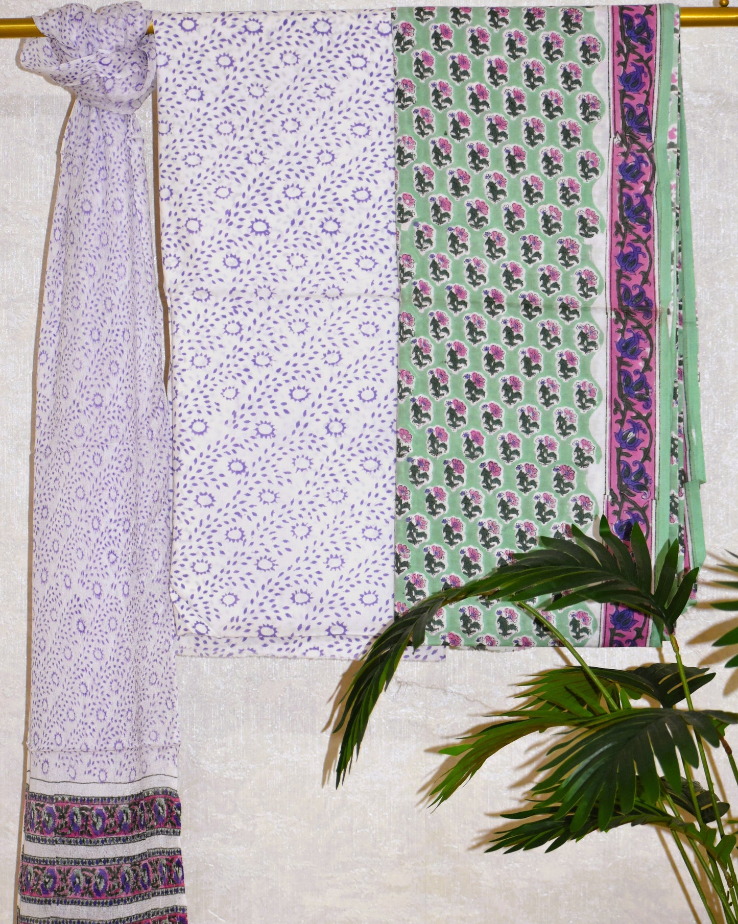 Hand Block Printed Cotton Suit With All-over Buti and Pure Chiffon Dupatta