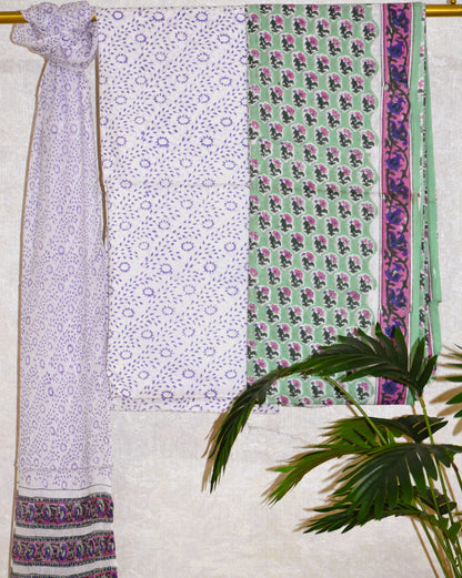 Hand Block Printed Cotton Suit With All-over Buti and Pure Chiffon Dupatta