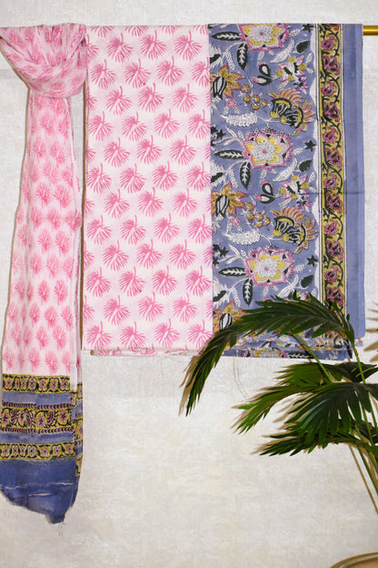 Floral Hand Block Printed Cotton Suit With Pure Chiffon Dupatta