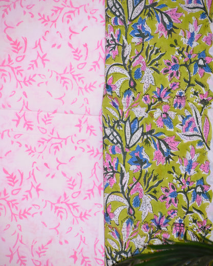 Green Floral Hand Block Printed Cotton Suit With Pure Chiffon Dupatta