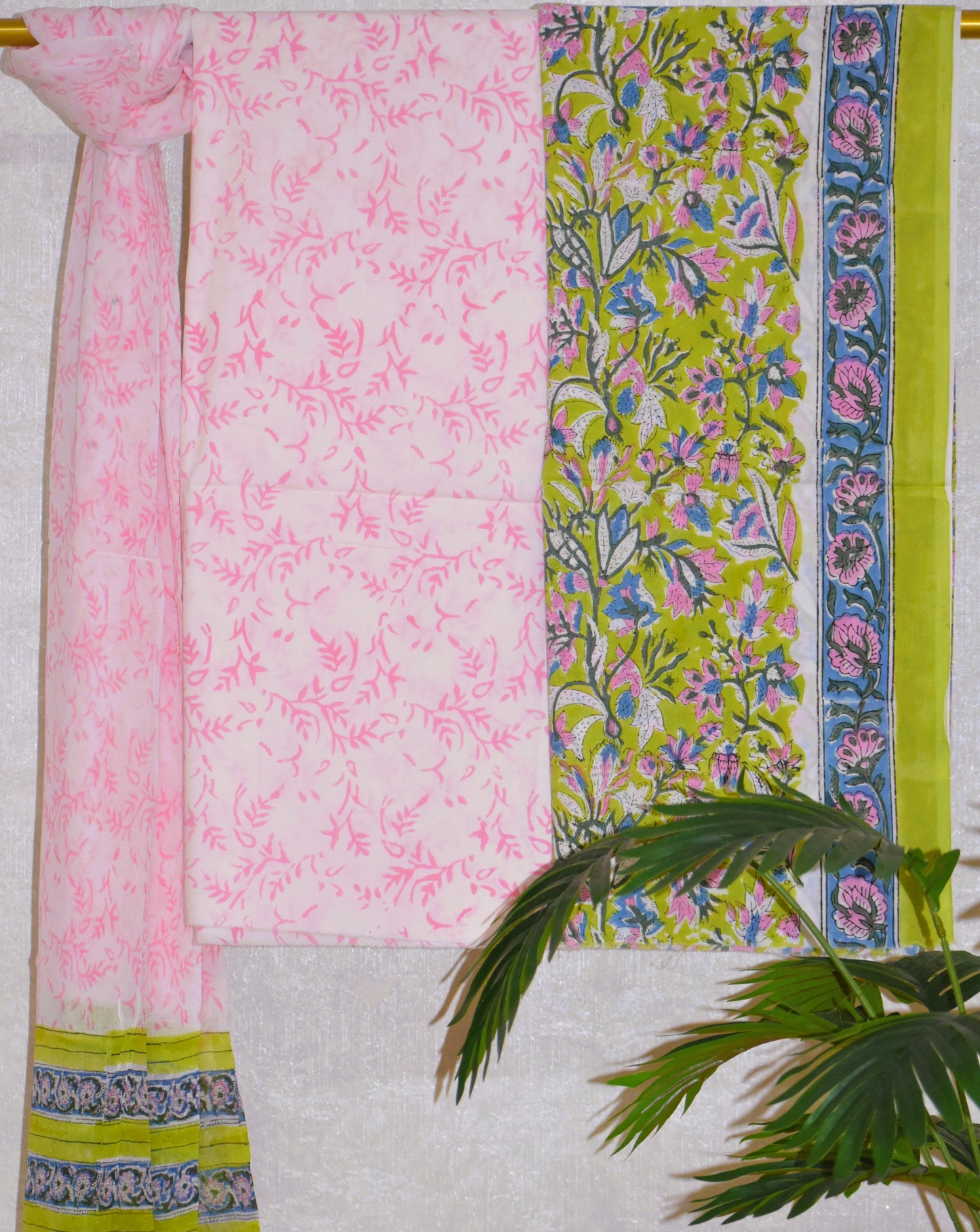 Green Floral Hand Block Printed Cotton Suit With Pure Chiffon Dupatta