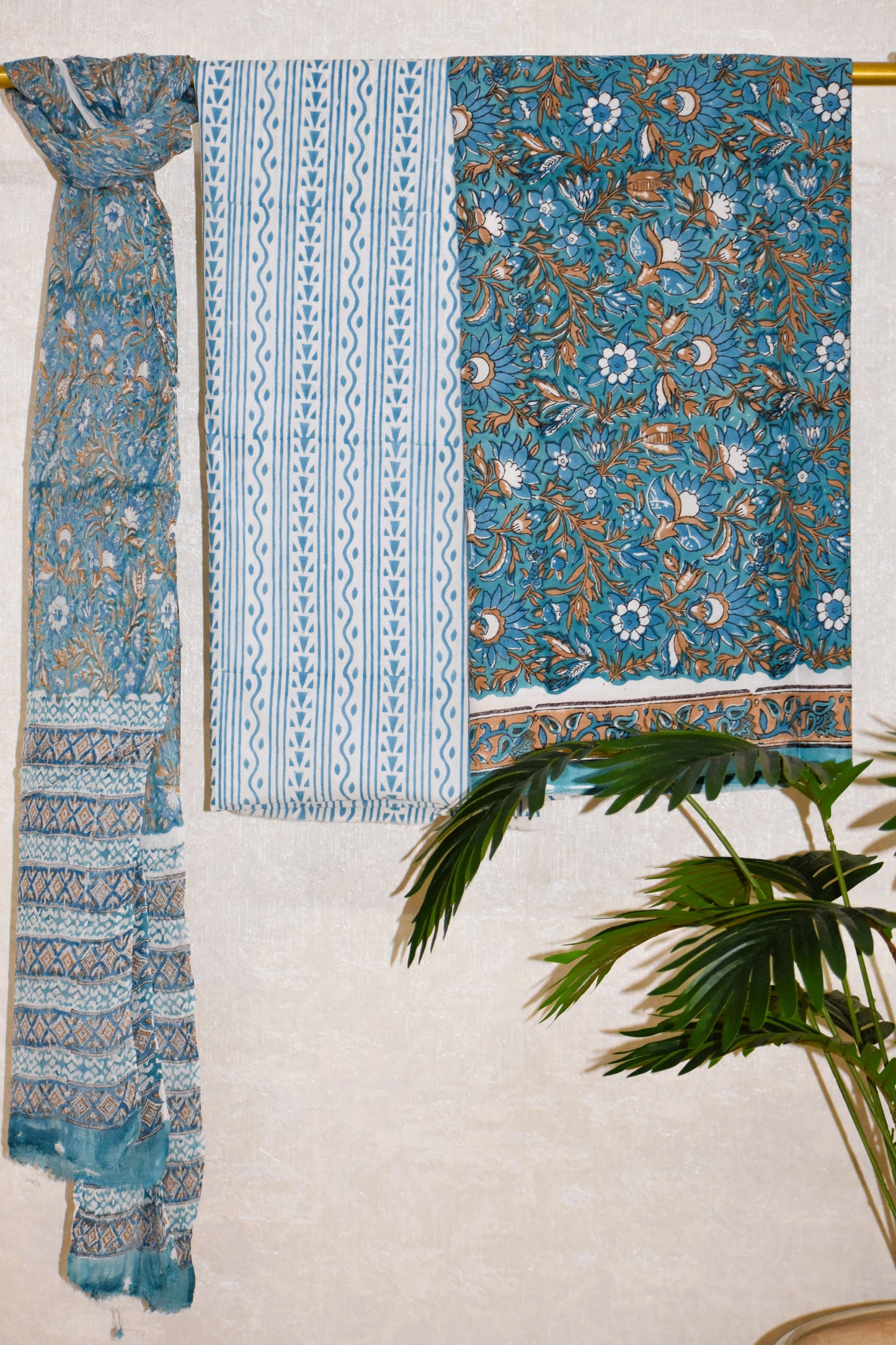 Blue Floral Hand Block Printed Cotton Suit With Pure Chiffon Dupatta