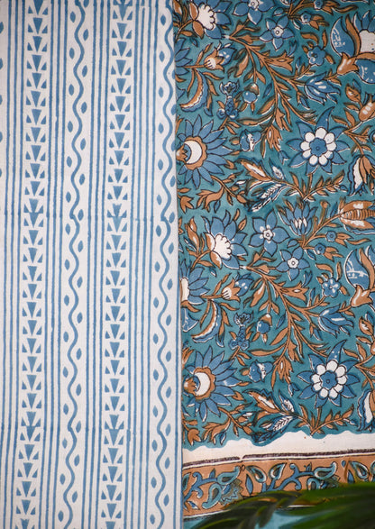 Blue Floral Hand Block Printed Cotton Suit With Pure Chiffon Dupatta