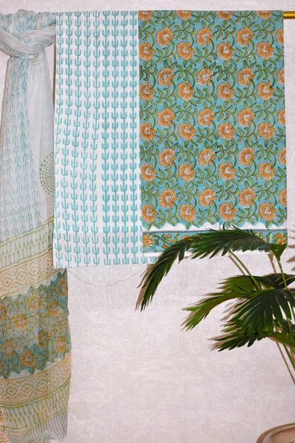 Teal Blue Floral Hand Block Printed Cotton Suit With Pure Chiffon Dupatta