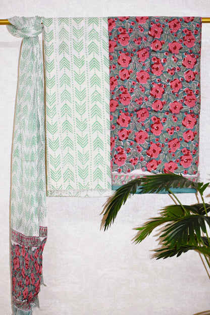 Floral Hand Block Printed Cotton Suit With Pure Chiffon Dupatta