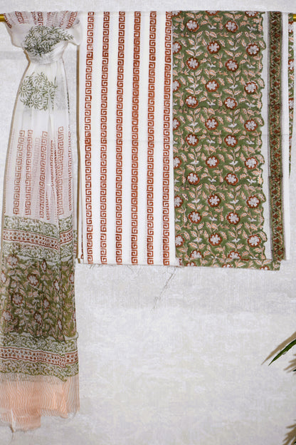 Hand Block Printed Cotton Suit With Pure Chiffon Dupatta