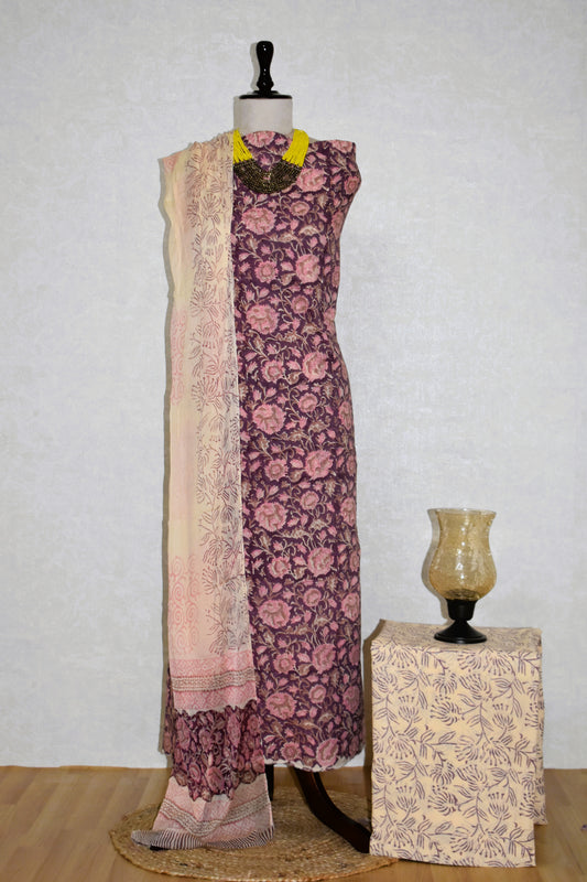 Hand Block Printed Cotton Suit With Pure Chiffon  Dupatta
