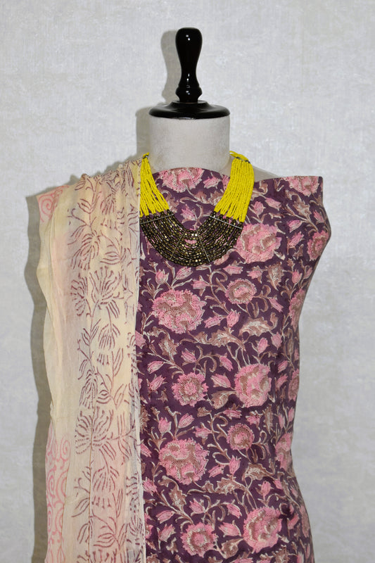 Hand Block Printed Cotton Suit With Pure Chiffon  Dupatta