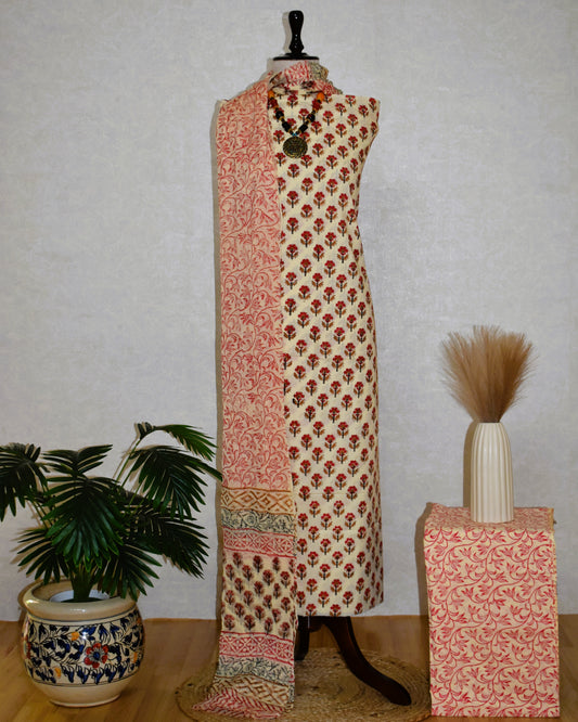 All- over Floral Buti Hand Block Printed Cotton Suit With Pure Chiffon  Dupatta