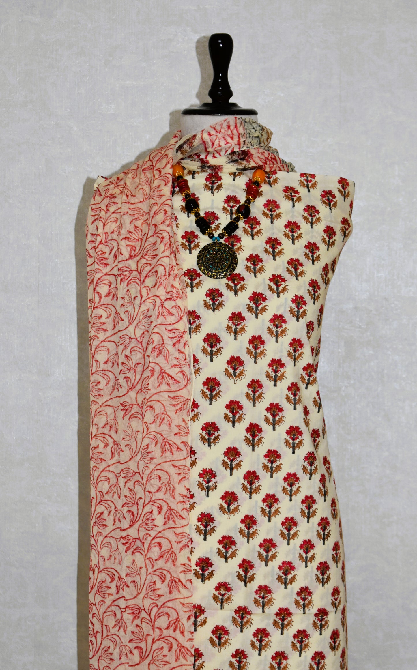 All- over Floral Buti Hand Block Printed Cotton Suit With Pure Chiffon  Dupatta