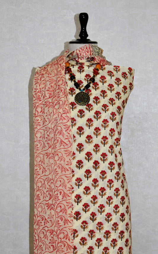 All- over Floral Buti Hand Block Printed Cotton Suit With Pure Chiffon  Dupatta
