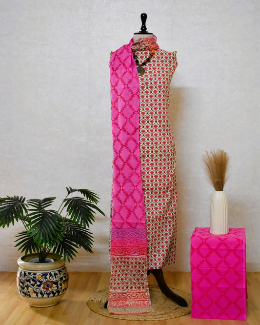 All-over Ogee Floral Buti Hand Block Printed Cotton Suit With Pure Chiffon  Dupatta