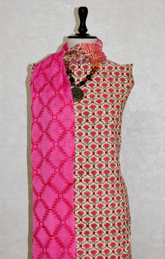 All-over Ogee Floral Buti Hand Block Printed Cotton Suit With Pure Chiffon  Dupatta