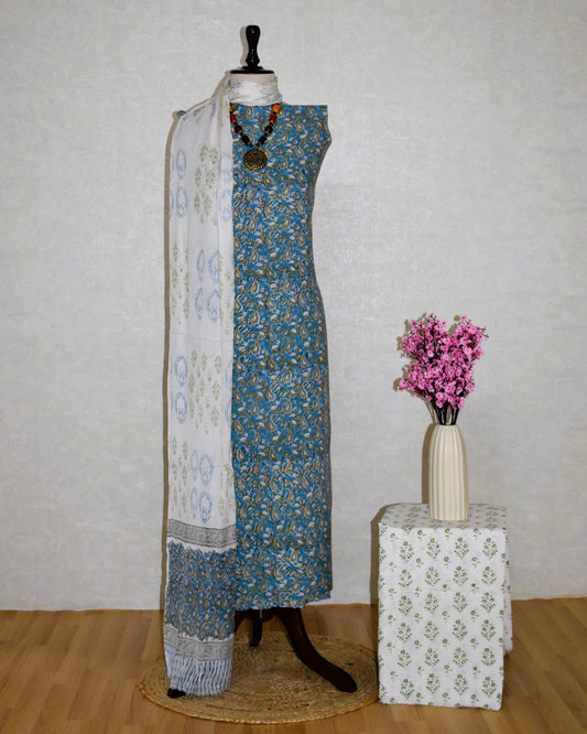Blue small  All-over Paisley Design Hand Block Printed Cotton Suit with Pure Chiffon dupatta