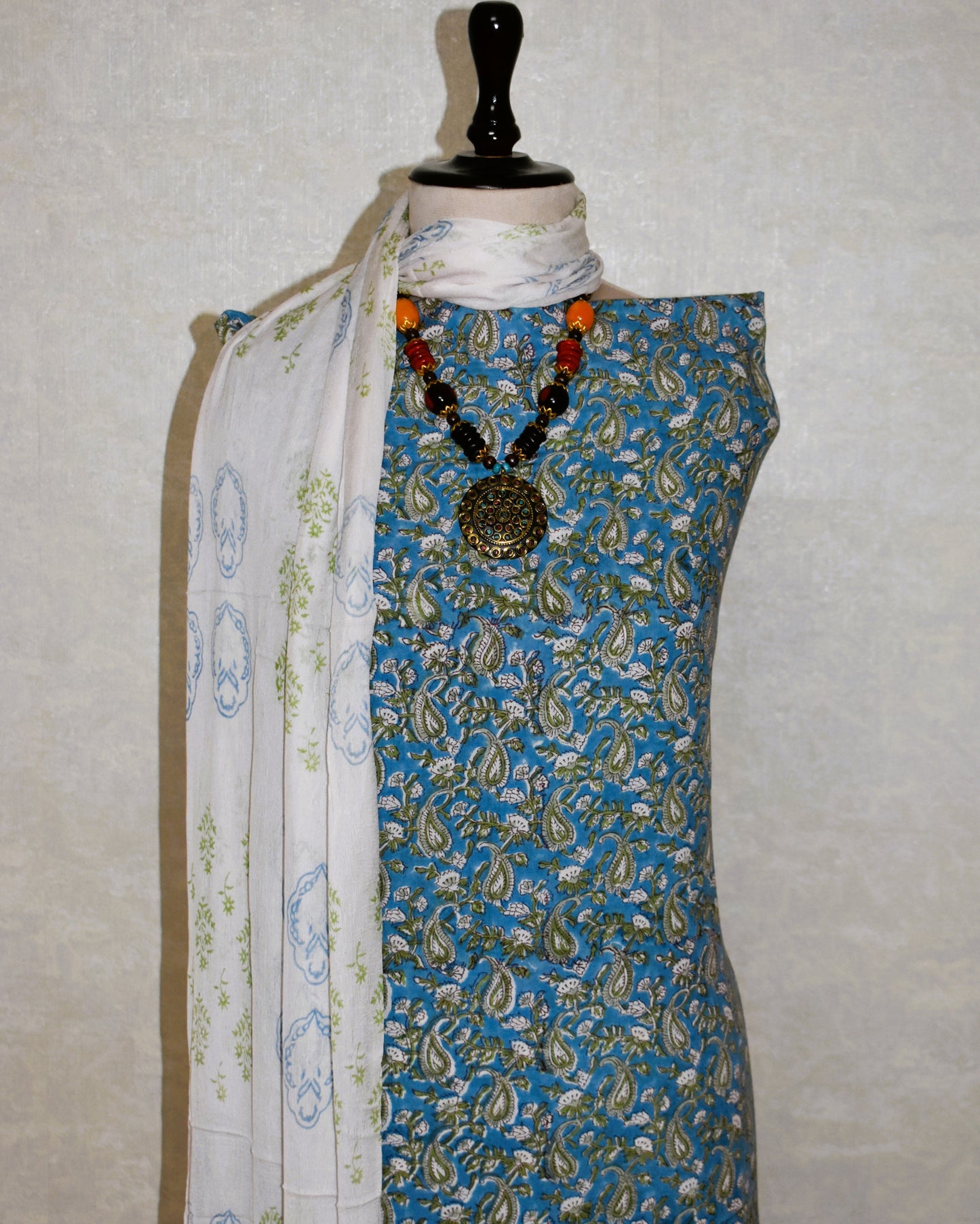 Blue small  All-over Paisley Design Hand Block Printed Cotton Suit with Pure Chiffon dupatta