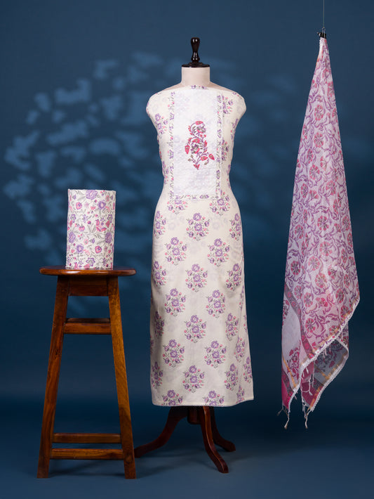 Hand Block Printed Cotton Suit with Elegant Neckwork and Printed Kota Doria Dupatta