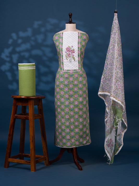 Hand Block Printed Cotton Suit with Elegant Neckwork and Printed Kota Doria Dupatta