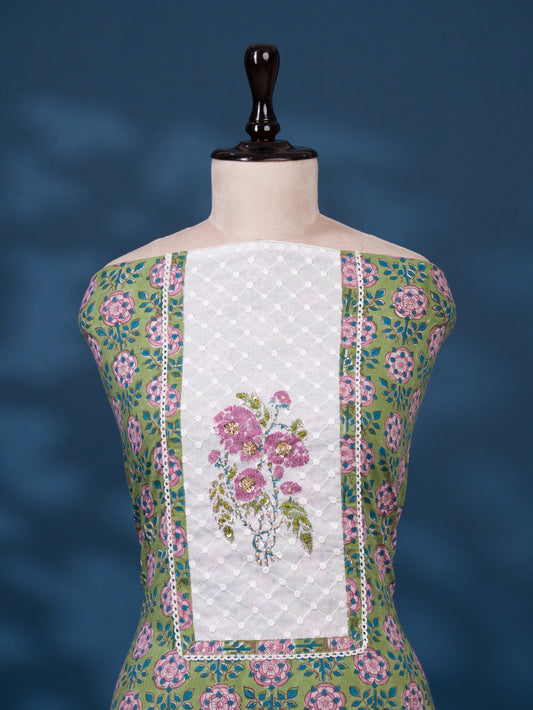 Hand Block Printed Cotton Suit with Elegant Neckwork and Printed Kota Doria Dupatta