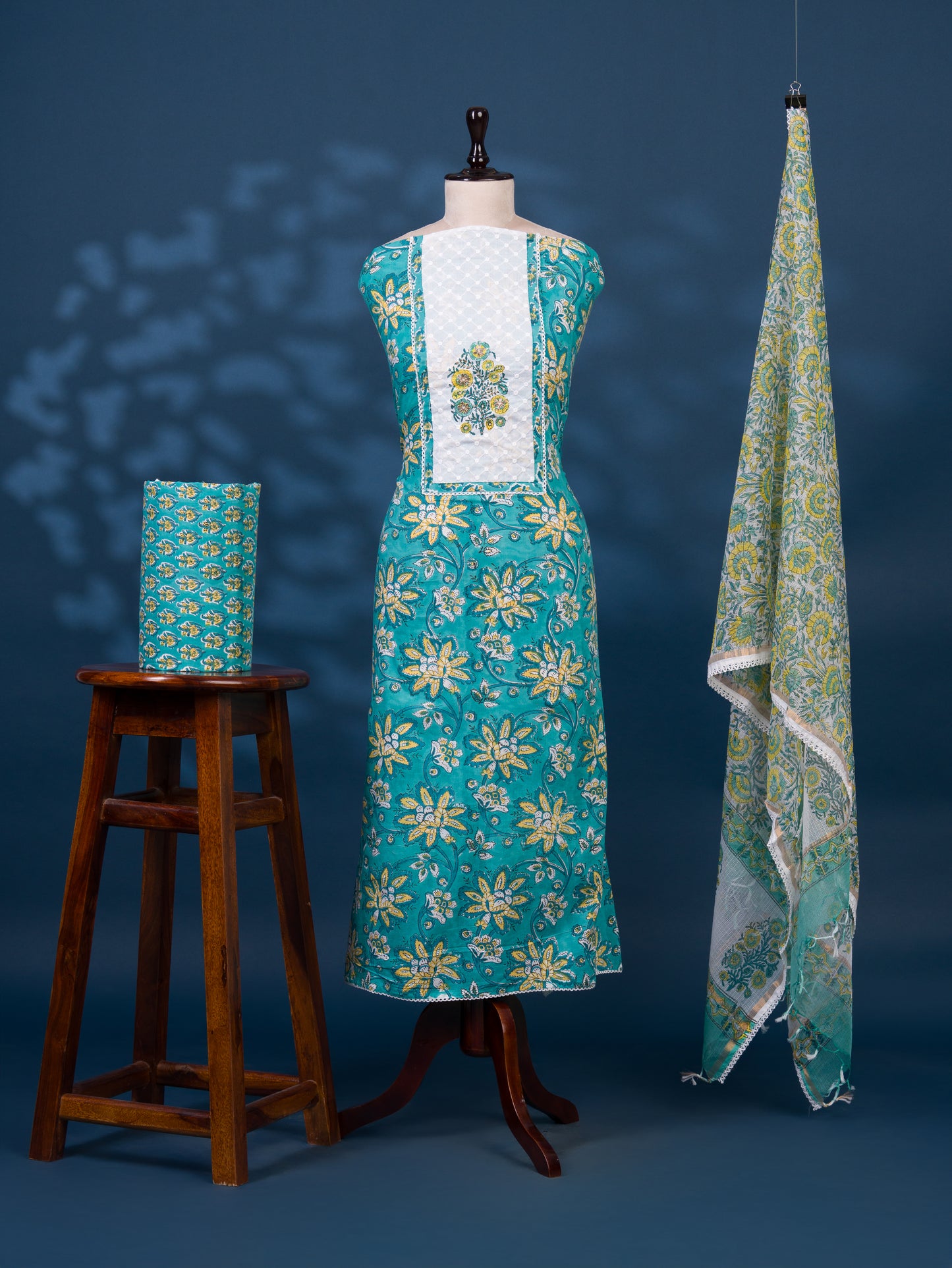 Hand Block Printed Cotton Suit with Elegant Neckwork and Printed Kota Doria Dupatta