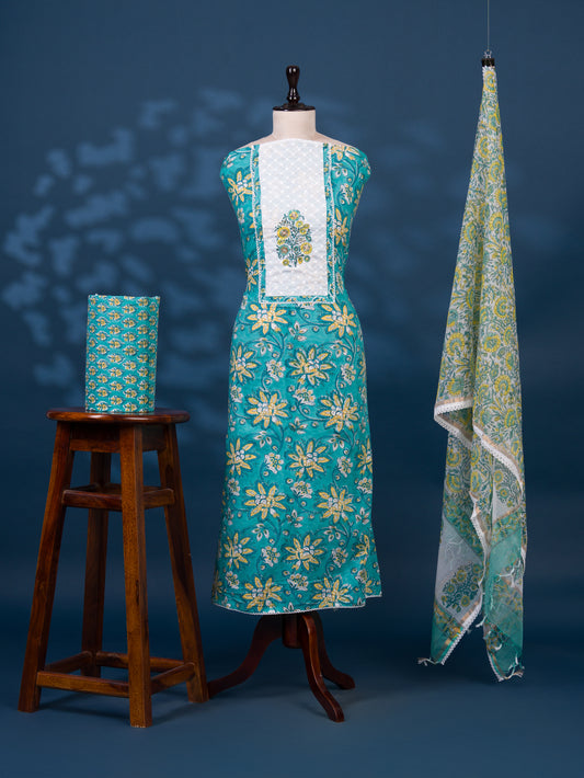 Hand Block Printed Cotton Suit with Elegant Neckwork and Printed Kota Doria Dupatta