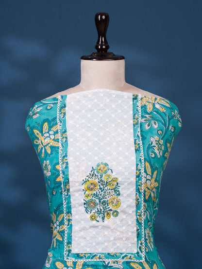 Hand Block Printed Cotton Suit with Elegant Neckwork and Printed Kota Doria Dupatta