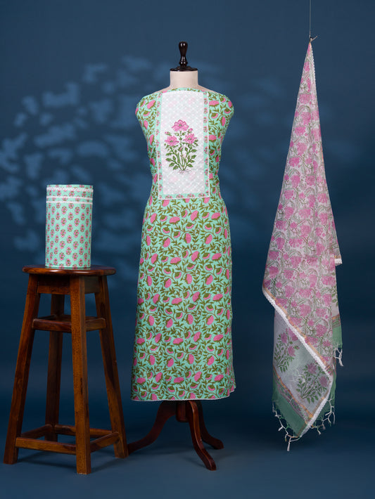 Hand Block Printed Cotton Suit with Elegant Neckwork and Printed Kota Doria Dupatta