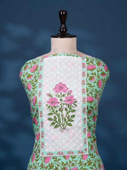 Hand Block Printed Cotton Suit with Elegant Neckwork and Printed Kota Doria Dupatta